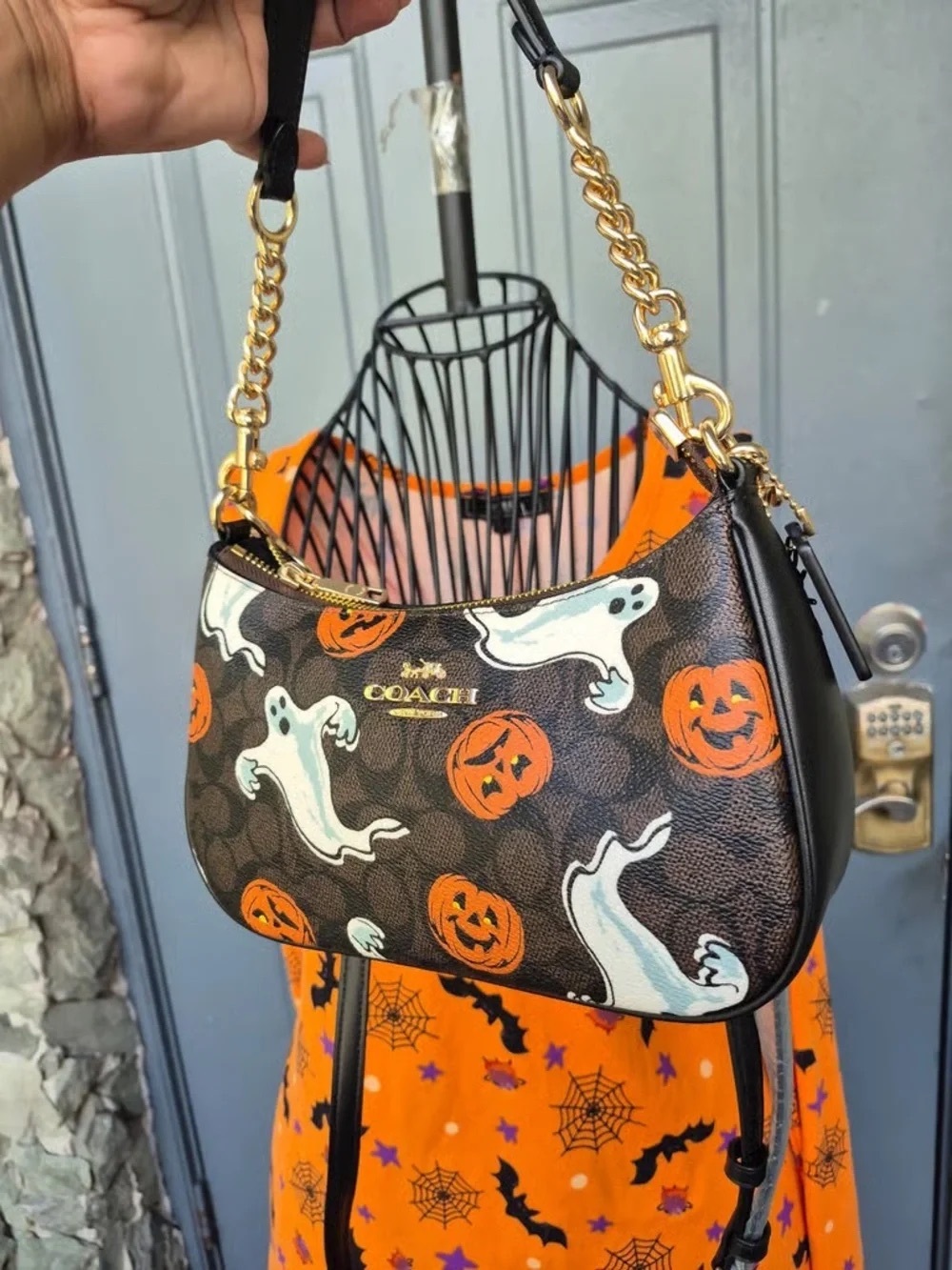 Coach Brown Shoulder Bag with White Ghosts and Orange Pumpkins
